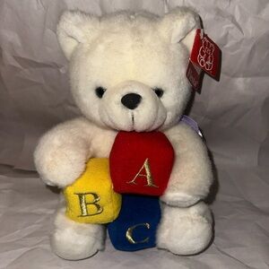 Vintage Fiesta White Teddy Bear Plush Holding ABC Blocks 1997